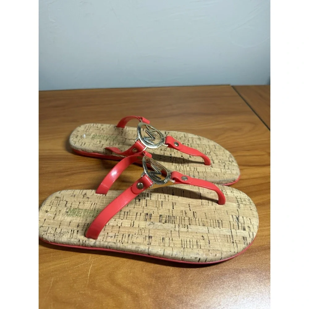 Women's Michael Kors Red Charm Jelly PVC Logo Flip Flop Sandals Cork 7B
